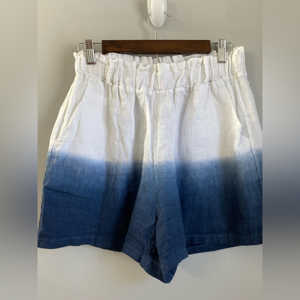 Women’s Linen Ombré Dye Dip White To Blue Casual Summer Beach Shorts Waist- 27”